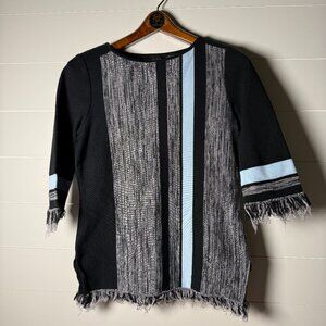 Ming Wang Tunic Sweater with Fringe Sz PS, Blue, Black, Gray